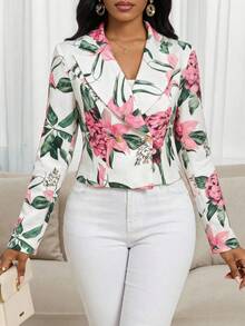 SHEIN Lady Áo blazer nữ thanh lịch in hoa, thích hợp mặc đi làm hoặc đi nghỉ mát mùa hè và xuân. - Nhiều màu - Xem 4