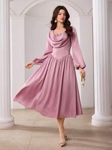 Modelyn 女士春夏粉色编织垂褶领荷叶边腰身A字优雅浪漫连衣裙 - 粉色 - 查看 4