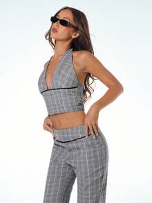 Sweetina Top sin espalda de mujer con cuello halter en V profunda y estampado de cuadros - Gris - Ver 6