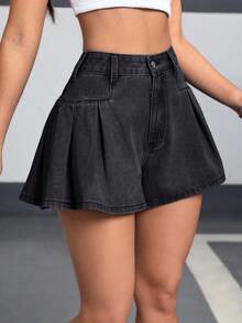 SHEIN EZwear Quần short denim dáng rộng, màu trơn, cài cúc phía trước, cỡ lớn. - màu đen - Xem 3