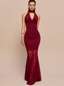 Olia Maree Women's Elegant Burgundy Summer Deep V Ruched Bodycon Dress,Patchwork Sheer Mesh Flared Skirt Long Formal Dining Party Evening Gown - Burgundy - View 4