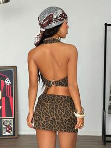 SHEIN ICON 女士性感豹纹露背吊带上衣和迷你牛仔裙套装，夏季 - 彩色 - 查看 2
