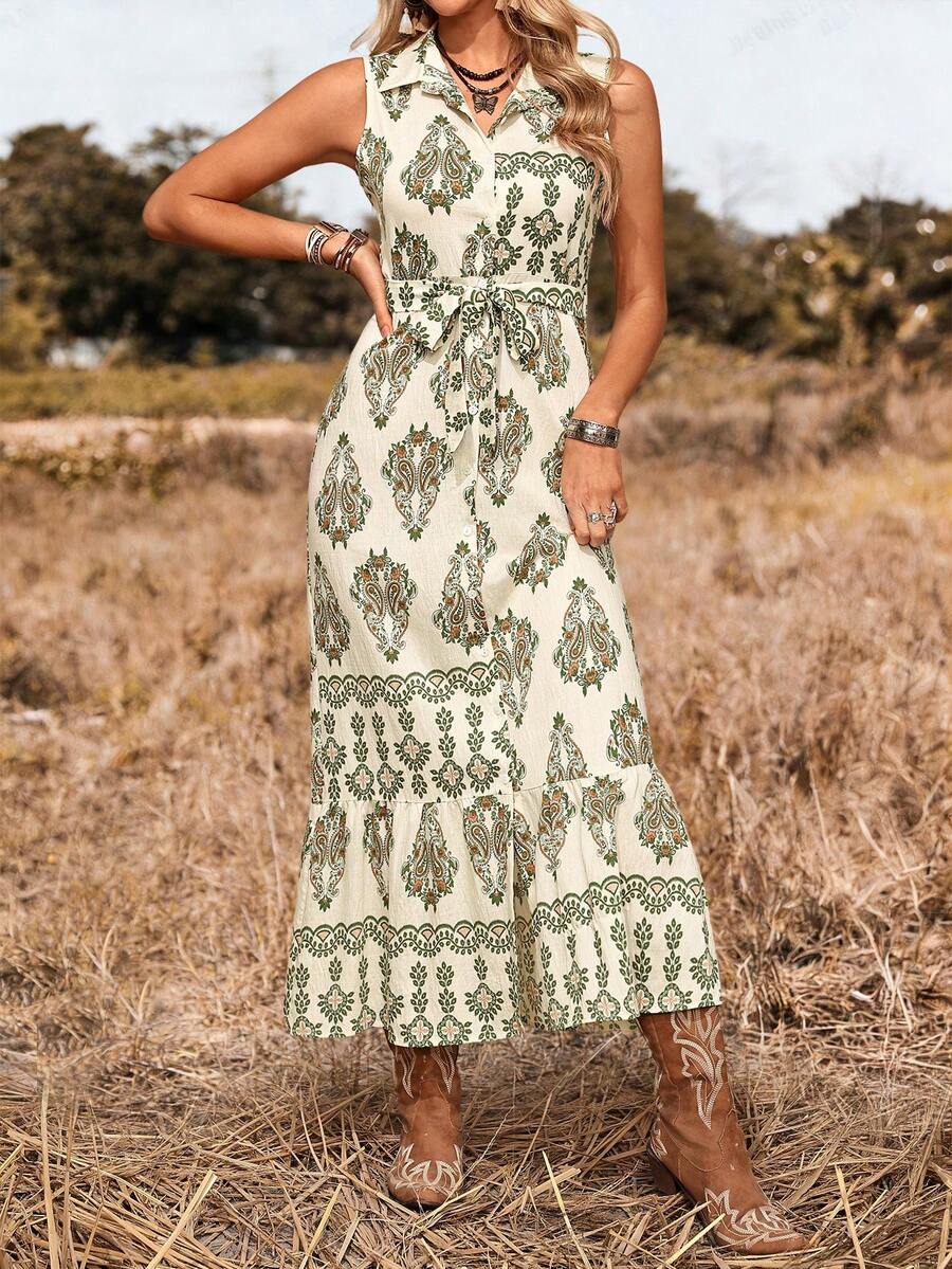 LanaWest Women's Vacation Western Casual Bohemian Style Printed Tie-Up Dress - Green - View 1