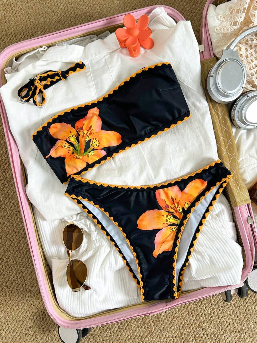 Swim Vcay Women's Floral Print Swimwear Set, Detachable Strap, Backless Design, 2-Piece Summer Holiday Beach Outfit - Multicolor - View 1