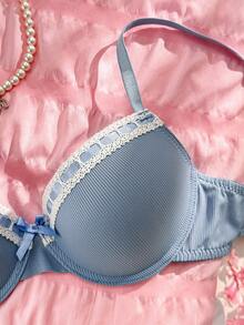 PetitDoll 1pc Contrast Color Cute Sweet Underwear With Wire, 1pc Wedding Light  Balconette Bras Bras Cute Light Blue Lingerie Set - Baby Blue - View 5