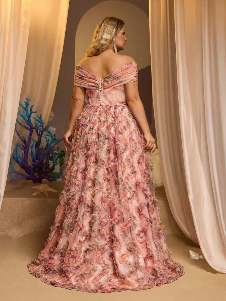 Glamrae Vestido maxi elegante de talla grande con estampado floral romántico de malla multicolor, hombros descubiertos, bajo asimétrico y abertura lateral alta para vestido de noche - Multicolor - Añade 3