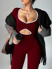 Dewbera Women's Contrast Color Design Sexy Figure-Flattering Sports Fitness Yoga Jumpsuit Active Wear Jumpsuit Seamless Jumpsuit Burgundy Workout Set Cut Out Jumpsuit Red Workout Jumpsuit - Burgundy - View 3
