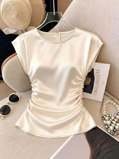 Franclia Women's Elegant Round Neck, Fitted Waist, Pleated Short Sleeve, Versatile Solid Color Light Apricot Shirt; High-Quality Satin Satin Fabric Shirt; White Satin Short Sleeve Shirt; White Shirt With Pleated Waist.Summer ,Summer Holiday Outfits,Spring, Spring Outfit Women, Valentine's Day,Valentines Day Outfit,Carnival,Carnival Women,Beach,Wedding,Birthday,Birthday Dress,Gym,Going Out, Elegant,Vacation,Casual,Y2k,Graduation Season Attire, Fashionable Casual Commuter Wear, Business Office Wear, Versatile And Stylish Everyday Casual Wear, Urban Teacher's Professional Attire