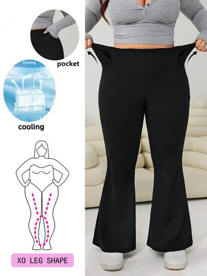 Solflare Plus Size Women Solid Color Elastic Slant Pocket Fitted Flare Leg Pants, Spring/Summer