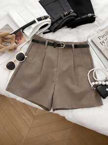 Franclia 极简高腰A字褶皱装饰腰带休闲女式短裤 高腰短裤 优雅短裤 短裤 短款穿搭 纸袋短裤 系带短裤 女式短裤 - 卡其色 - 查看 4