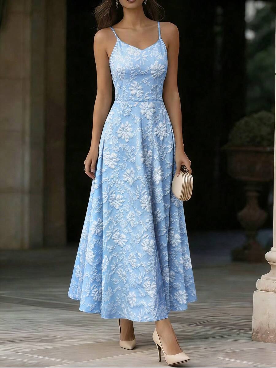 Ellegaria. 欧美优雅V领收腰A字提花长裙，女士款 - 藍色 - 查看 1