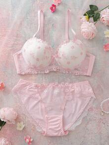 Conjunto de lencería con sujetador balconette acolchado con aros bordado con flores y babydoll lindo, fresco y romántico - Rosa - Ver 1