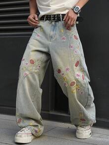 Manfinity EMRG Men's Casual Street Style Embroidered Distressed Flared Leg Blue Jeans - Light Wash - View 4