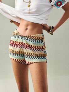 Breezaya Women's Casual Patchwork Crochet Shorts,Blue And Yellow Boho Pattern,Summer Holiday Beach Bathing Suit Swim Shorts,Tummy Control Board Shorts Outfits - Multicolor - View 6