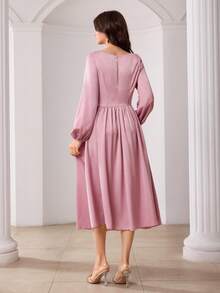 Modelyn 女士春夏粉色编织垂褶领荷叶边腰身A字优雅浪漫连衣裙 - 粉色 - 查看 2