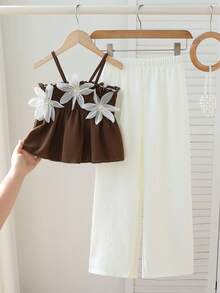 Fashion Outfit For Kids 2026 New Arrival Summer Fashion, 3D Flower Camisole & Wide-Leg Pants Set For Big Girls 8-12Y, Sweet Coquette Boho Two-Piece Outfit, Casual Woven Fabric For Vacation & Everyday Wear - Chocolate Brown - View 4