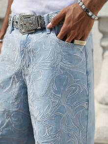 Manfinity EMRG Men's Casual Street Style Embroidered Blue Wide Leg Denim Shorts - Light Wash - View 6