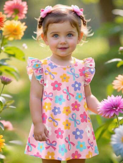 SHEIN 女婴编织花朵蝴蝶结装饰圆领荷叶边下摆休闲连衣裙