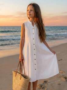 Emery Rose Kids Emery Rose Kids 少女纯色立领连衣裙 - 白色 - 查看 3