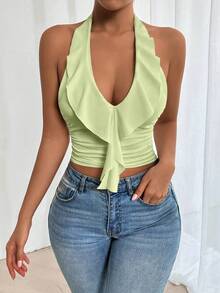 Zolique Áo tank top nữ cổ yếm buộc dây, viền bèo nhún, màu trơn, xếp ly - màu xanh lá - Xem 3