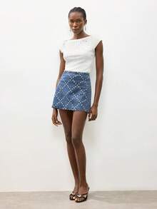 Maija Women's Casual Beaded Denim Mini Skirt, Summer - Medium Wash - View 7