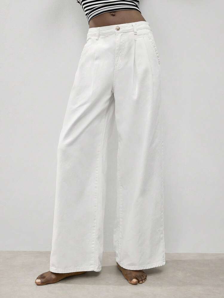 SHEIN Maija Women's White Jeans, Low-Rise Wide-Leg Pants, Summer Casual Trousers, White Pants
