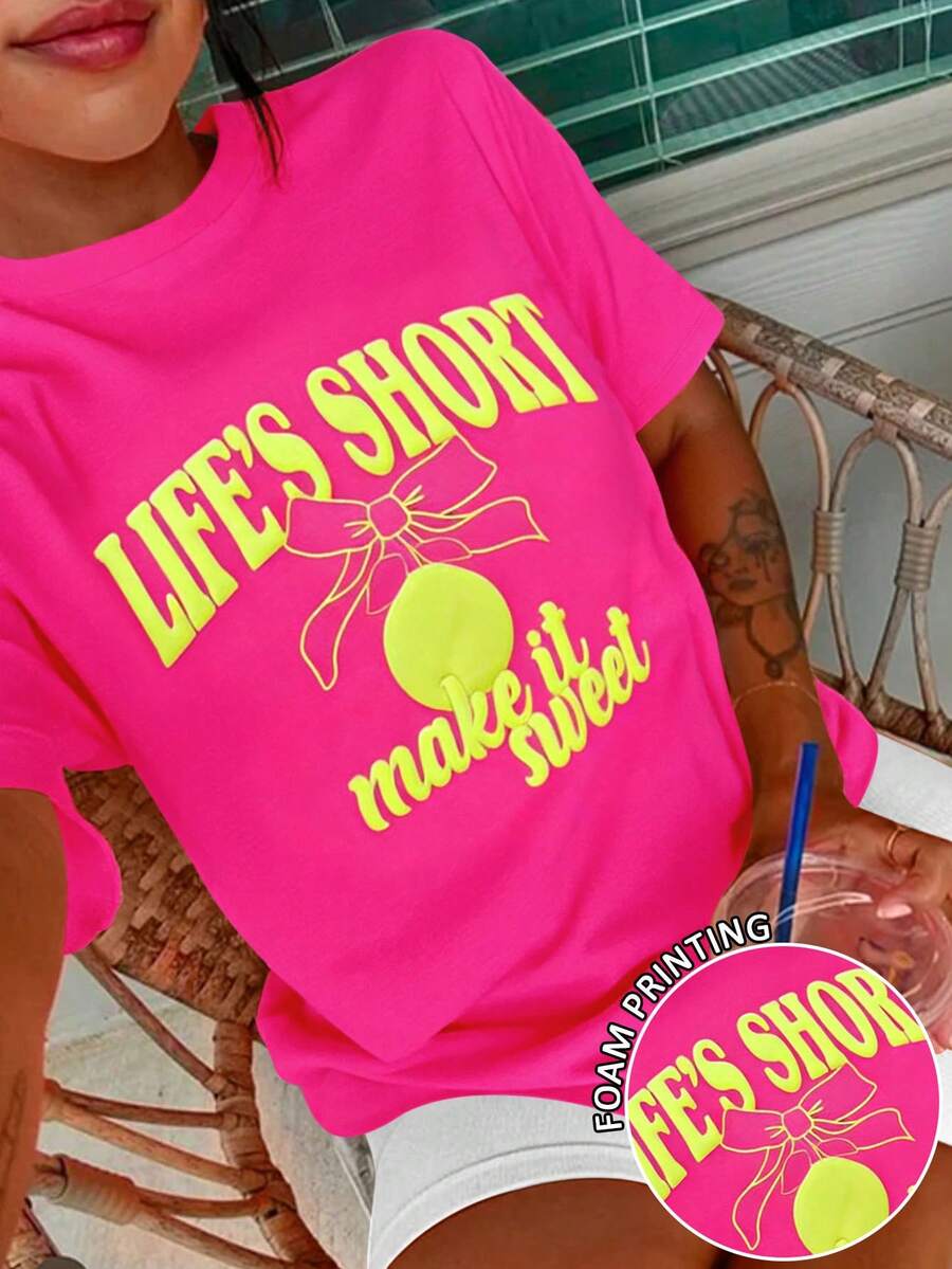 DrmWander Women's T-Shirt, Casual Street Style Graphic Short Sleeve T-Shirt, Cute Summer Top - Hot Pink - View 1