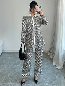 Modelyn 女士春夏梭织数码印花长袖开衫和直筒裤休闲通勤两件套 - 彩色 - 查看 3