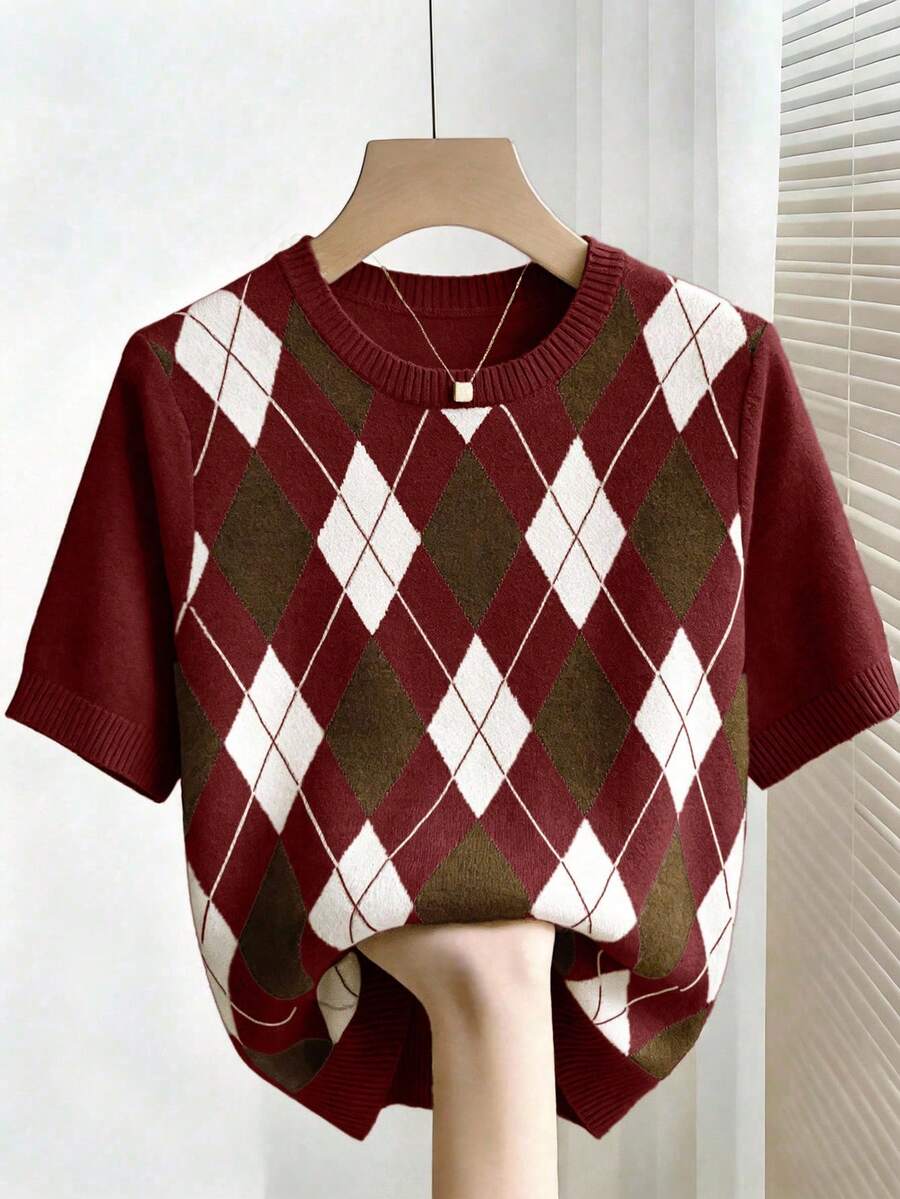 Franclia New Arrival Spring/Summer Retro College Style Colorblock Plaid Knit Pullover Sweater For Women - Burgundy - View 1