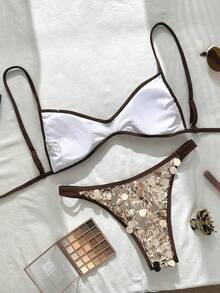 Swim Vcay Bộ bikini hai mảnh màu vàng sâm panh đính sequin, kiểu dáng buộc dây hai bên, thích hợp cho nữ đi biển mùa hè. - Rượu sâm banh - Xem 2
