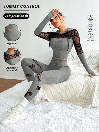 Easithlete Women's Drawstring Hooded Mesh Patchwork Long Sleeve Top And High Waist Skinny Leggings Casual Sports Suit