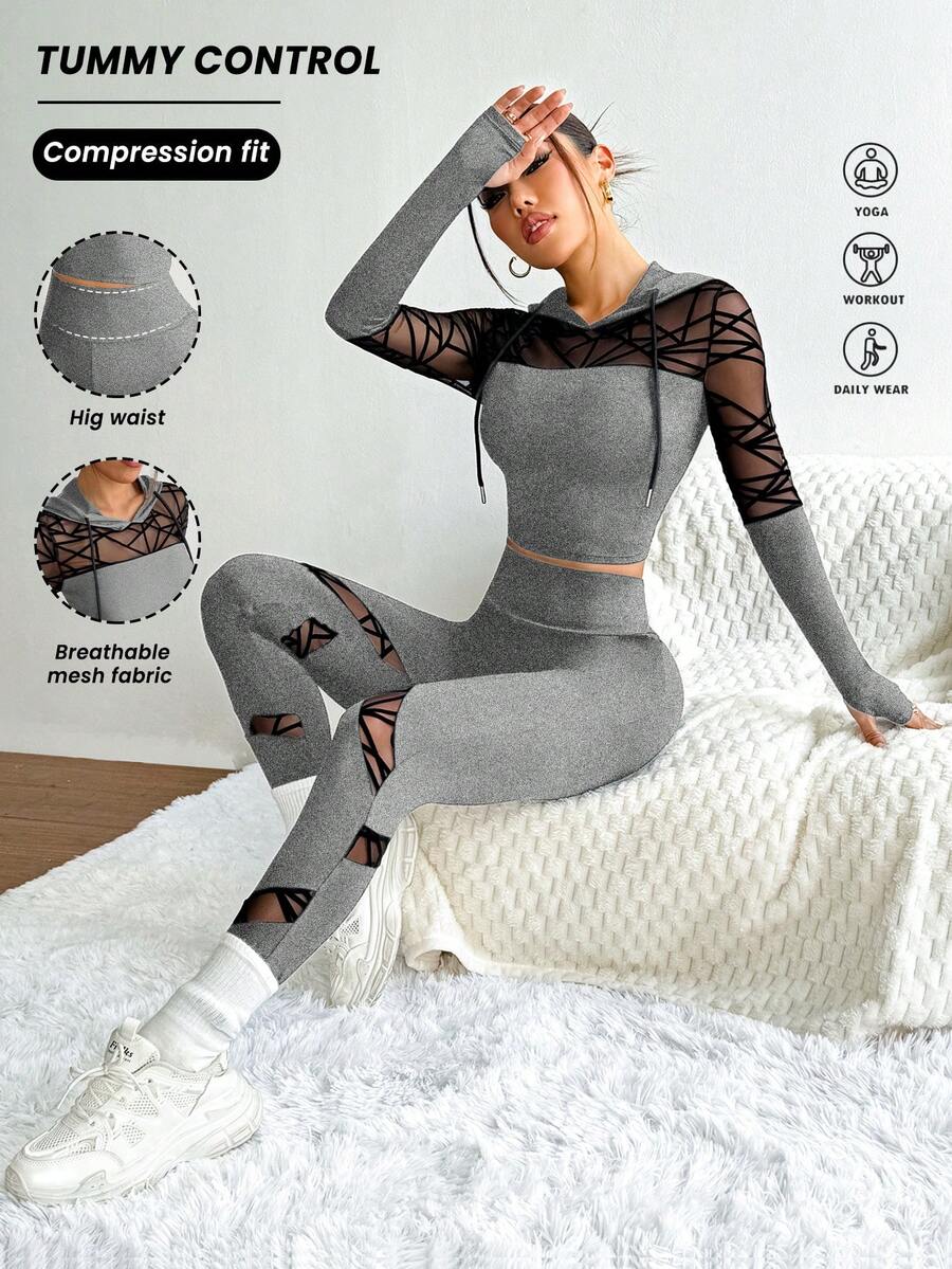 SHEIN Sports 女士抽绳连帽网眼拼接长袖上衣和高腰紧身打底裤休闲运动套装 - 灰色 - 查看 1