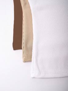 EMERY ROSE Women's Solid Color Ribbed Crew Neck Casual Tank Top, Summer - Brown - View 3