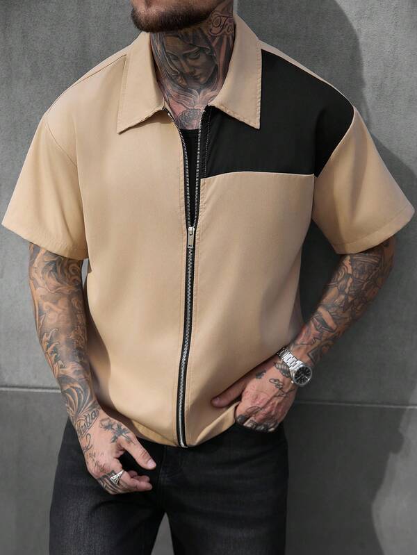 SLATEMANN Men's Casual Contrast Color Zip-Up Short Sleeve Shirt,Summer Streetwear Beige Color Block Shirt,City Break Old Money Style Holiday Cruise Outfit