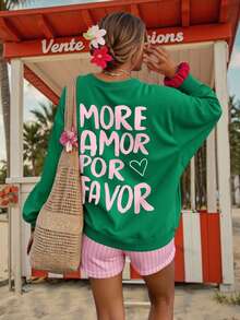DrmWander Women's Casual Slogan & Heart Print Drop Shoulder Long Sleeve Sweatshirt, Suitable For Vacation - Dark Green - View 4