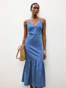 Maija 女士休闲系带露背吊带牛仔连衣裙，夏季 - 中等水洗藍 - 查看 5