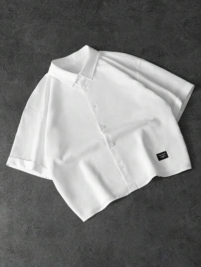 PAVTROS Men's Loose Fit Drop Shoulder Short Sleeve Casual Shirt With Patch Decor