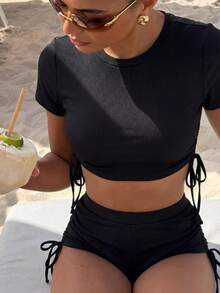 Bonvoyette 單色坦基尼套裝羅紋側抽繩無鋼圈文胸和拳擊內褲兩件式泳衣套裝 - 黑色 - 查看 1