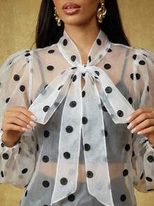 Vixey 动物纹薄纱蓬蓬袖蝴蝶结上衣 - 白色 - 查看 4