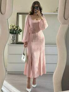 Modelyn Women's Woven Pink Long Sleeve Tie-Waist A-Line Elegant Romantic Dress - Pink - View 8