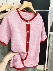 SHEIN Franclia 新款夏季休闲个性拼接撞色优雅针织女式衬衫 - 粉色 - 查看 1