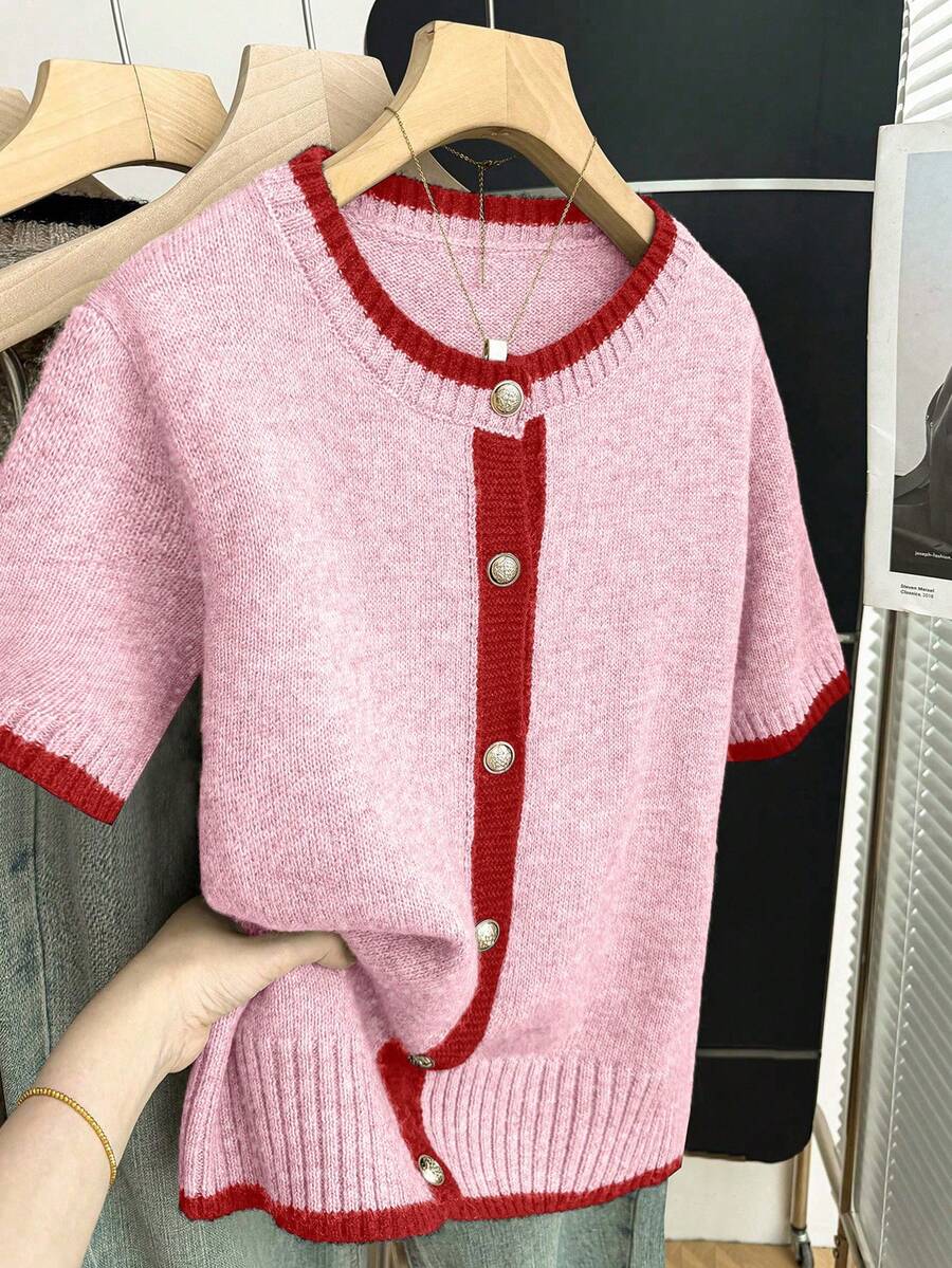 SHEIN Franclia 新款夏季休闲个性拼接撞色优雅针织女式衬衫 - 粉色 - 查看 1