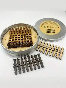 Zazumi 1件，旅行罐装国际象棋，木制工艺国际象棋，口袋国际象棋圆形对子，旅行套装国际象棋，复古棋盘，派对活动礼品 - 彩色 - 查看 2