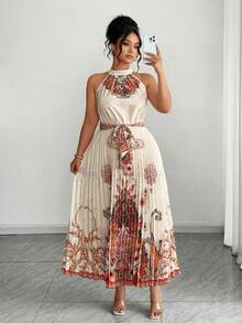 SHEIN Elenzya Large-Sized Woven Elegant Pleated Summer Women's Dress - Apricot - View 7