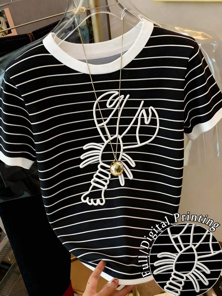 SHEIN 女士圆领休闲龙虾印花短袖T恤,日常百搭 - 彩色 - 查看 1