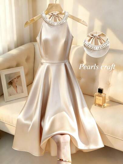 Franclia Elegant Commuter Round Neck Sleeveless Acetate Beaded Back Tie Waist Fitted Casual Party Dress For Women