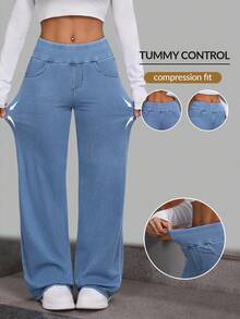 SHEIN PETITE 女士弹力腰阔腿宽松休闲百搭牛仔裤 - 淺色水洗藍 - 查看 2