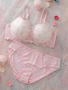Elorette 2pcs Set Bra Balconette Nyaman dengan Kawat Penyangga dan Bantalan, Motif Bunga Bordir, 3/4 Cup, Lucu, Segar, Romantis, Punggung Terbuka, Dekorasi Pita, Set Pakaian Dalam Ukuran Besar - Berwarna merah muda - View 3