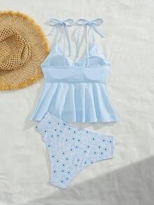 Swim Vcay 女士优雅条纹印花挂脖式吊带背心泳衣上装，配有系带肩带和褶皱腰身，搭配印花常规泳裤，两件套泳装，修身显瘦，适合海滩、度假、春假、秋季返校季、慕尼黑啤酒节、音乐节、假日、春季海滩之旅等场合。 - 彩色 - 查看 7