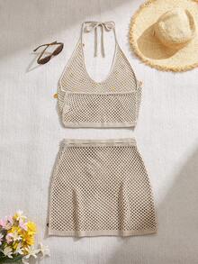 Franclia 新款性感修身沙滩度假风波西米亚优雅甜美度假风露背V领亮片个性闪亮魅力休闲百搭比基尼性感女士慵懒法式复古女式两件套毛衣套装，夏季 - 卡其色 - 查看 2